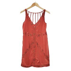 Ecote Mini Dress Rust Red Orange Bead Embroidered Satin Strappy Back Sleeveless